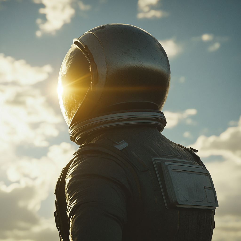 Astronaut in space, reflecting sun on helmet. Detailed scene.