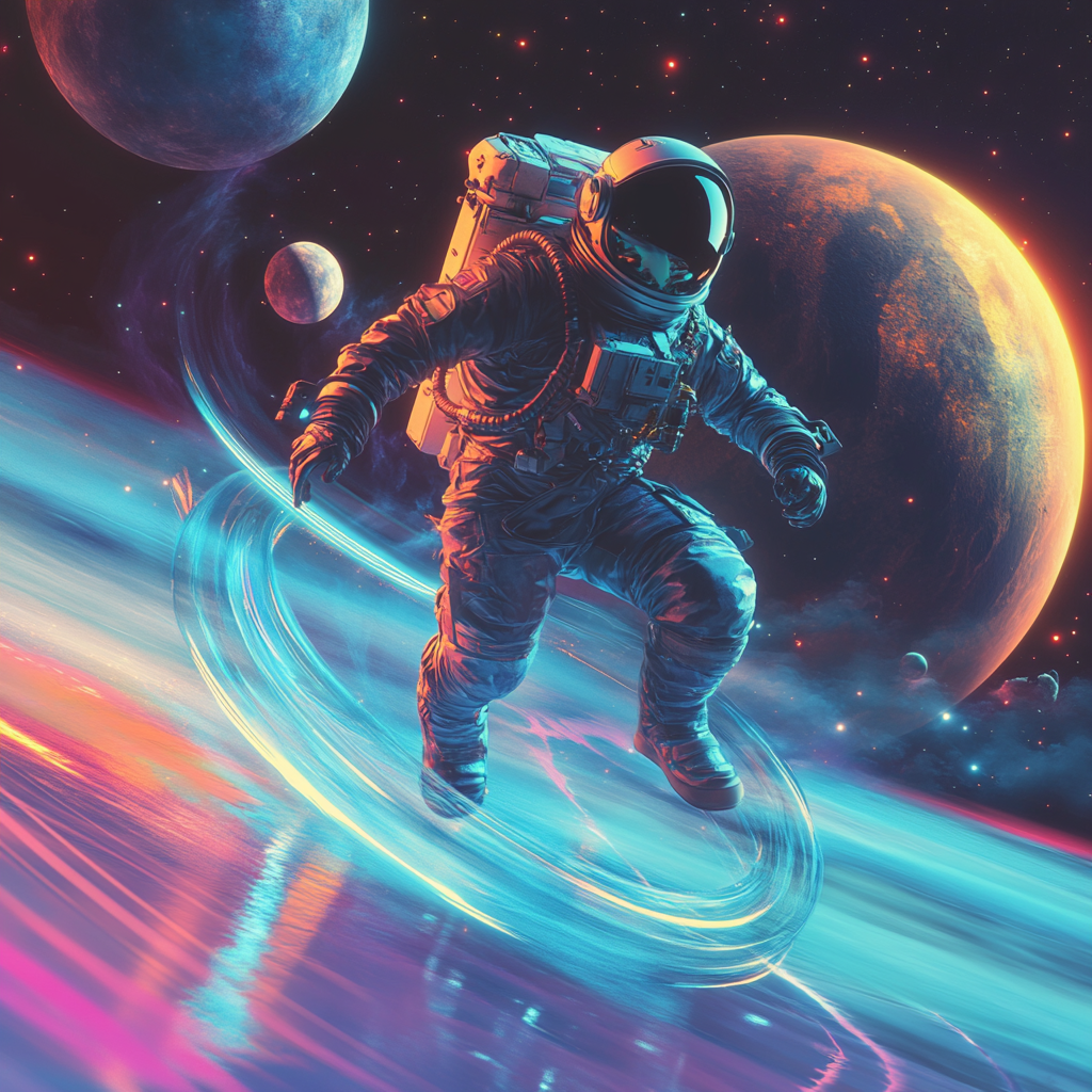 Astronaut in spacesuit running on colorful planet. Sky dark.