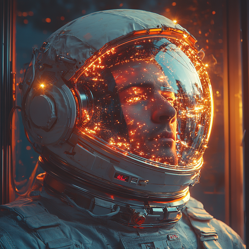 Astronaut reflecting on life, earth through window, neon lights.