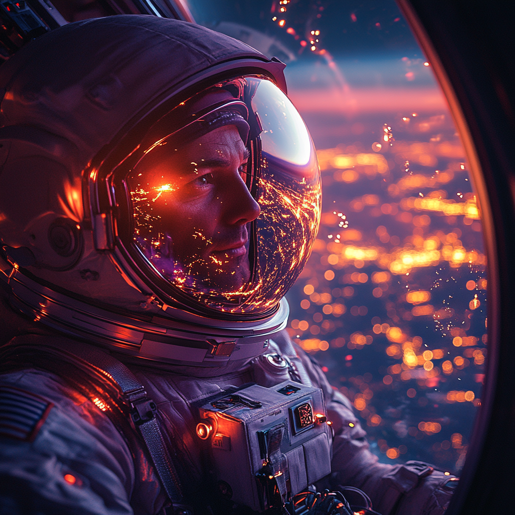 Astronaut sees earth from space shuttle window. Neon lights.