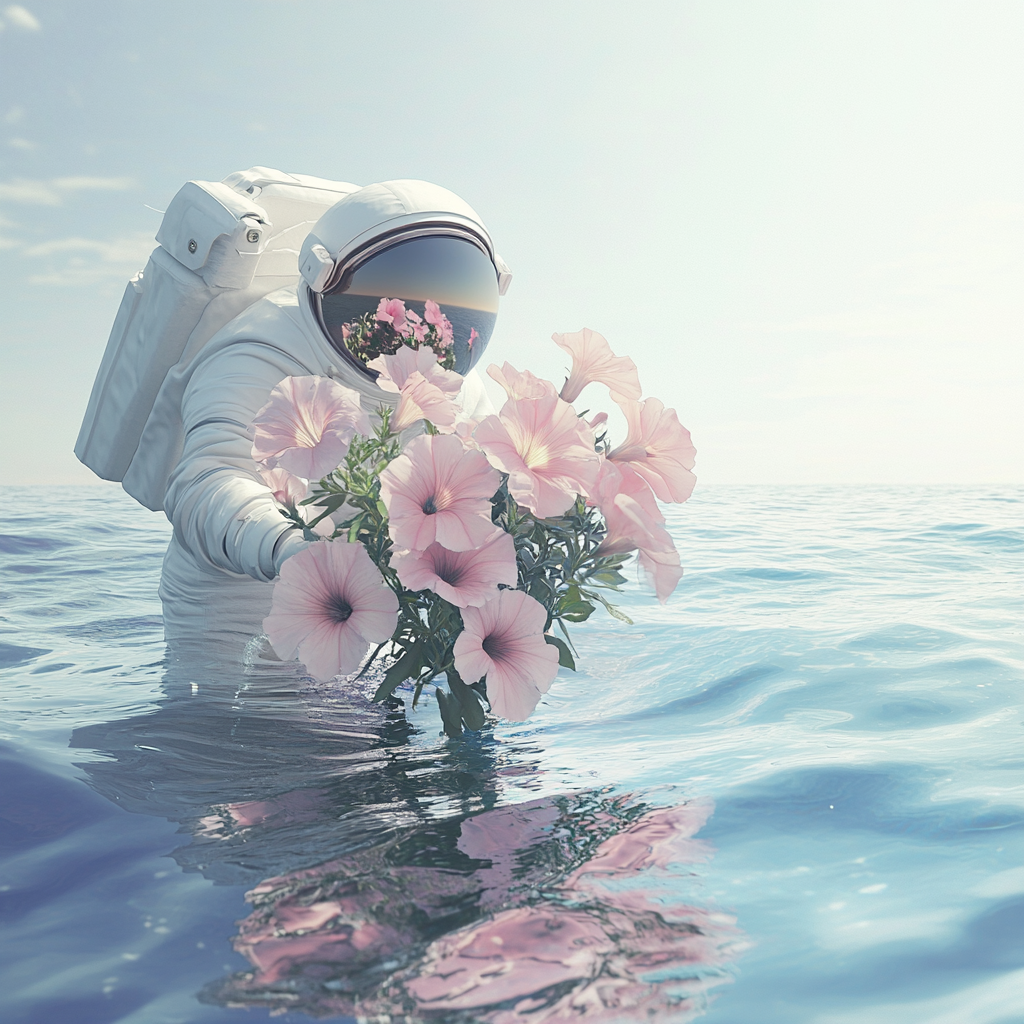 Astronaut woman picking petunias from water surface bouquet