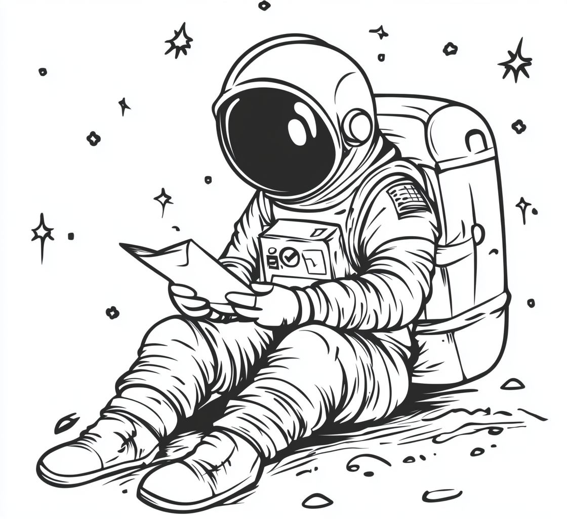 Astronaut writing letter in space, simple line art.