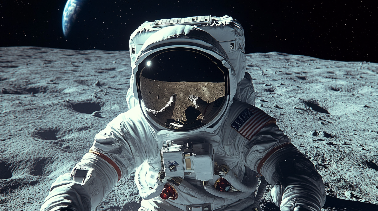 Astronauts explore Moon's surface with Earth visible.