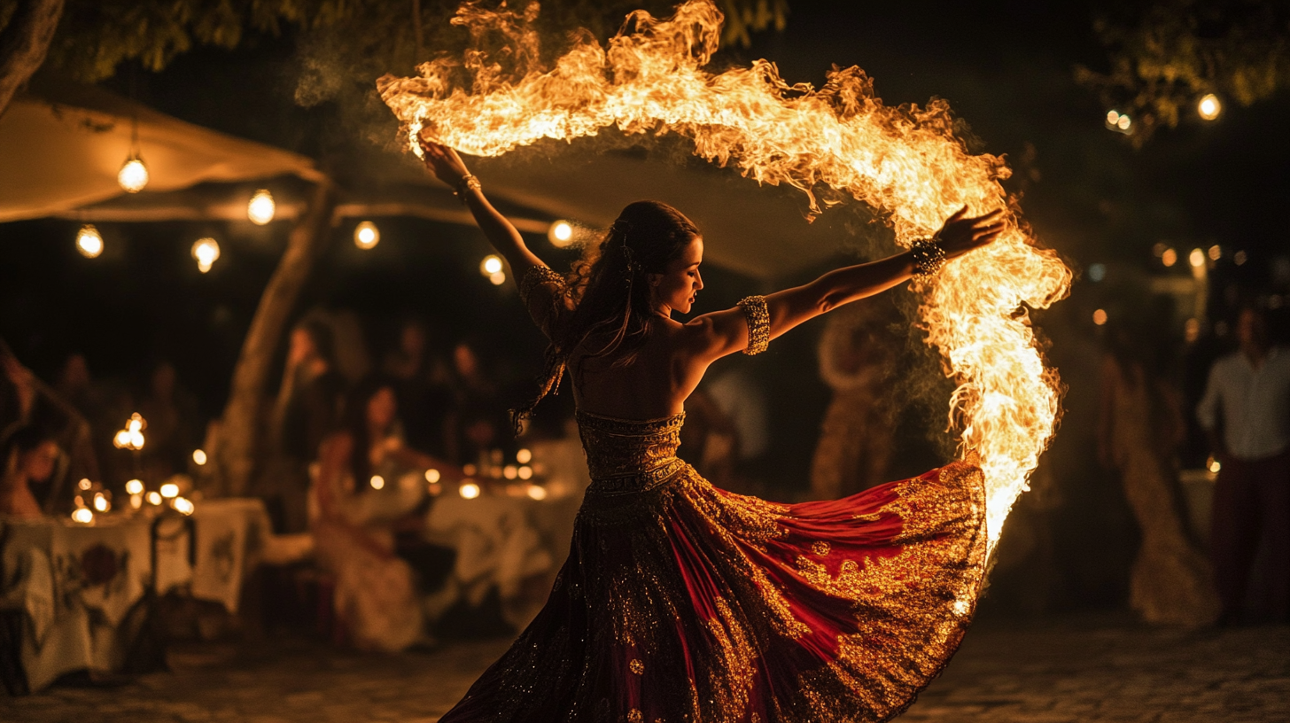 At a barbeque, watch belly dancer and Tannoura.