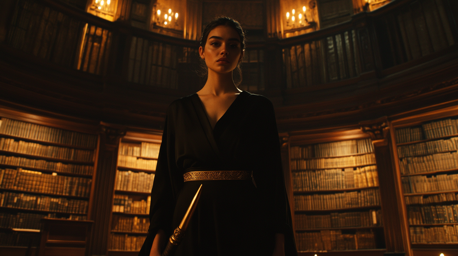 Athena in Shadowy Library: A Cinematic Vision