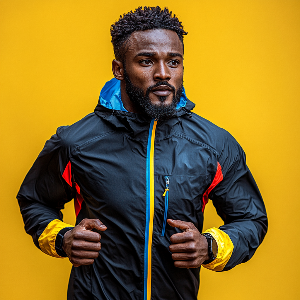 Athlete Running Swiftly in Colorful Windbreaker Jacket