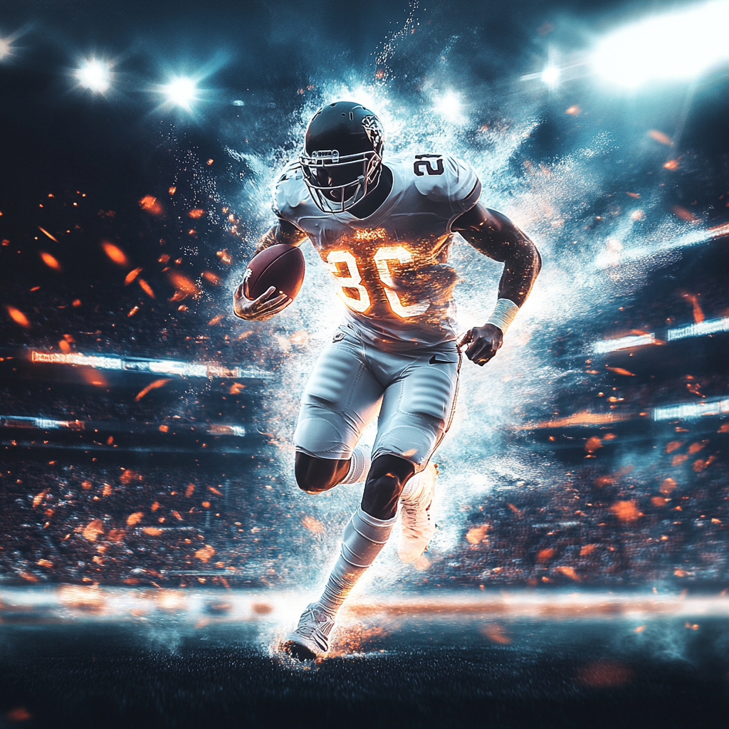 Athlete in glowing number jersey, stadium lights background excitement.