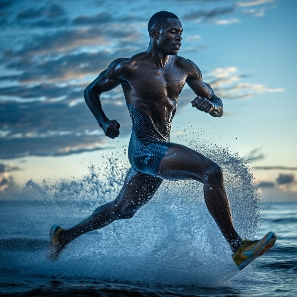 Athlete running on water, muscles visible, dynamic lighting