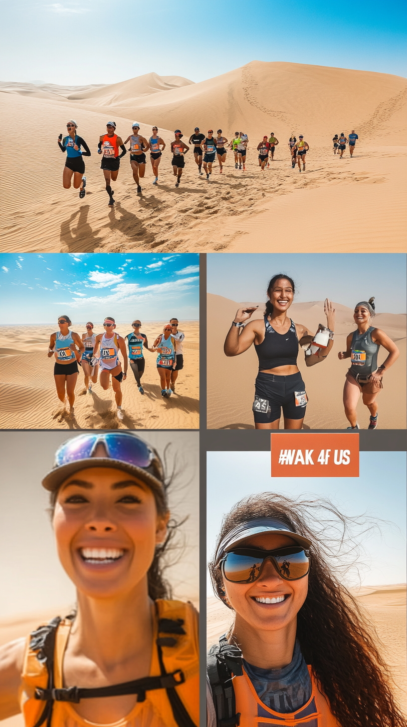 Athletes running in desert, elder athlete smiling in desert.