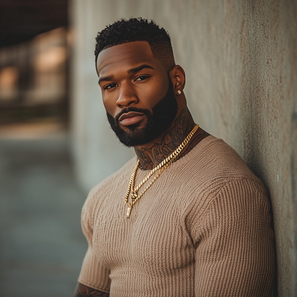 Athletic Black Man with Detailed Neck Tattoos Street Style Portrait