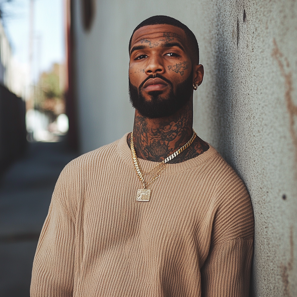 Athletic Black Man with Detailed Neck Tattoos