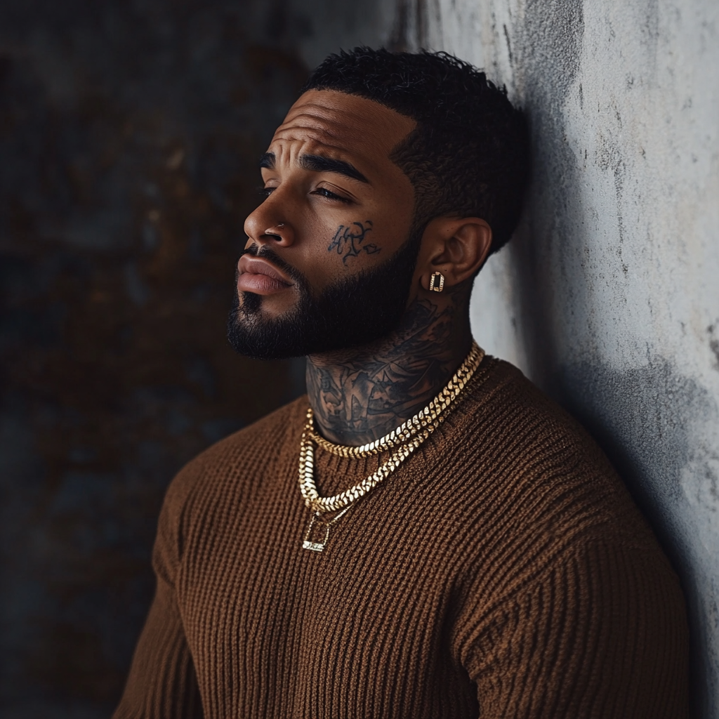 Athletic Black man with detailed neck tattoos, beard