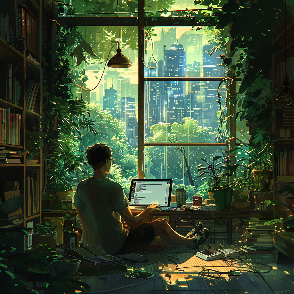 Athletic Man Coding in Cozy, Plant-Filled Room