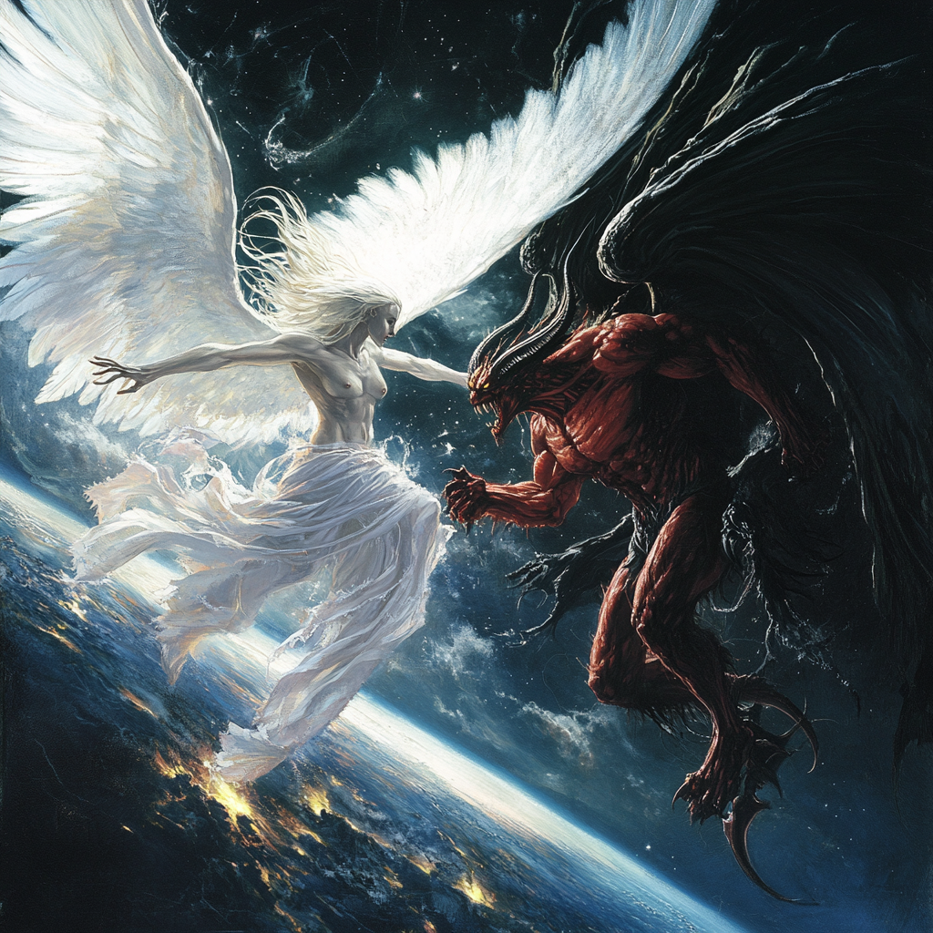 Athletic angel battles demon in space with earth backdrop.