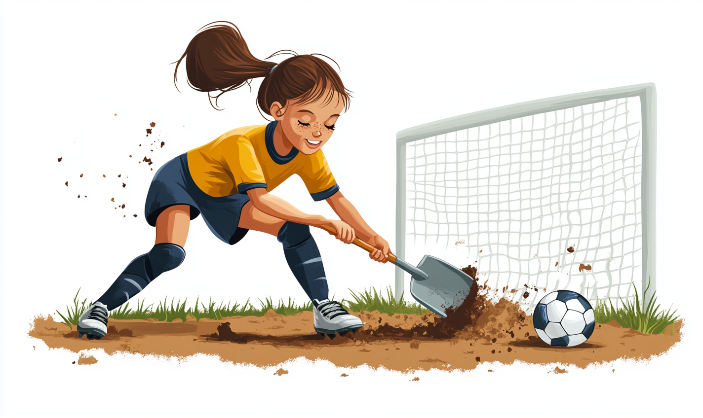 Athletic biracial girl guards soccer goal cartoon style