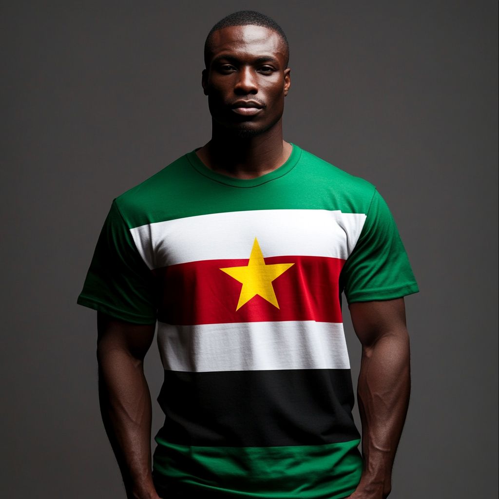 Athletic black man wears t-shirt with vibrant flag theme.