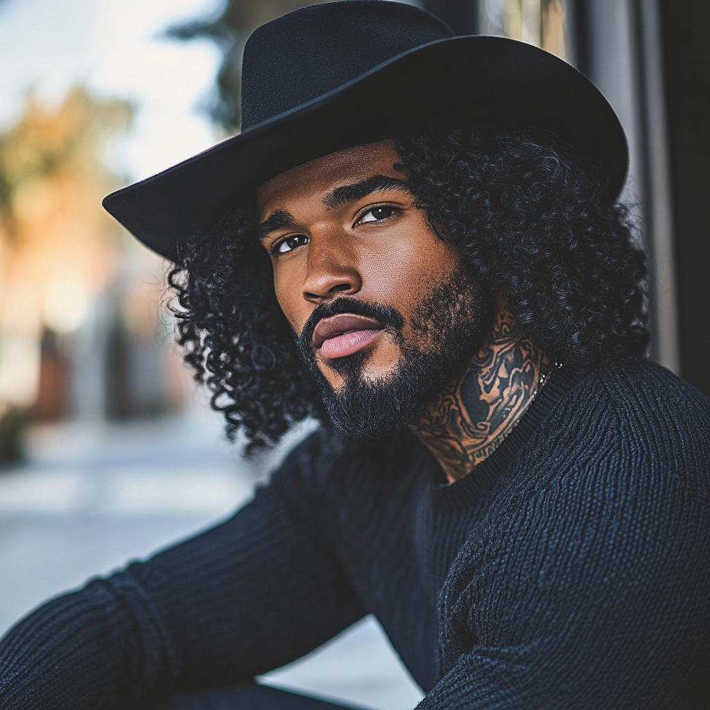 Athletic black man with dark skin, beard, tattoos.