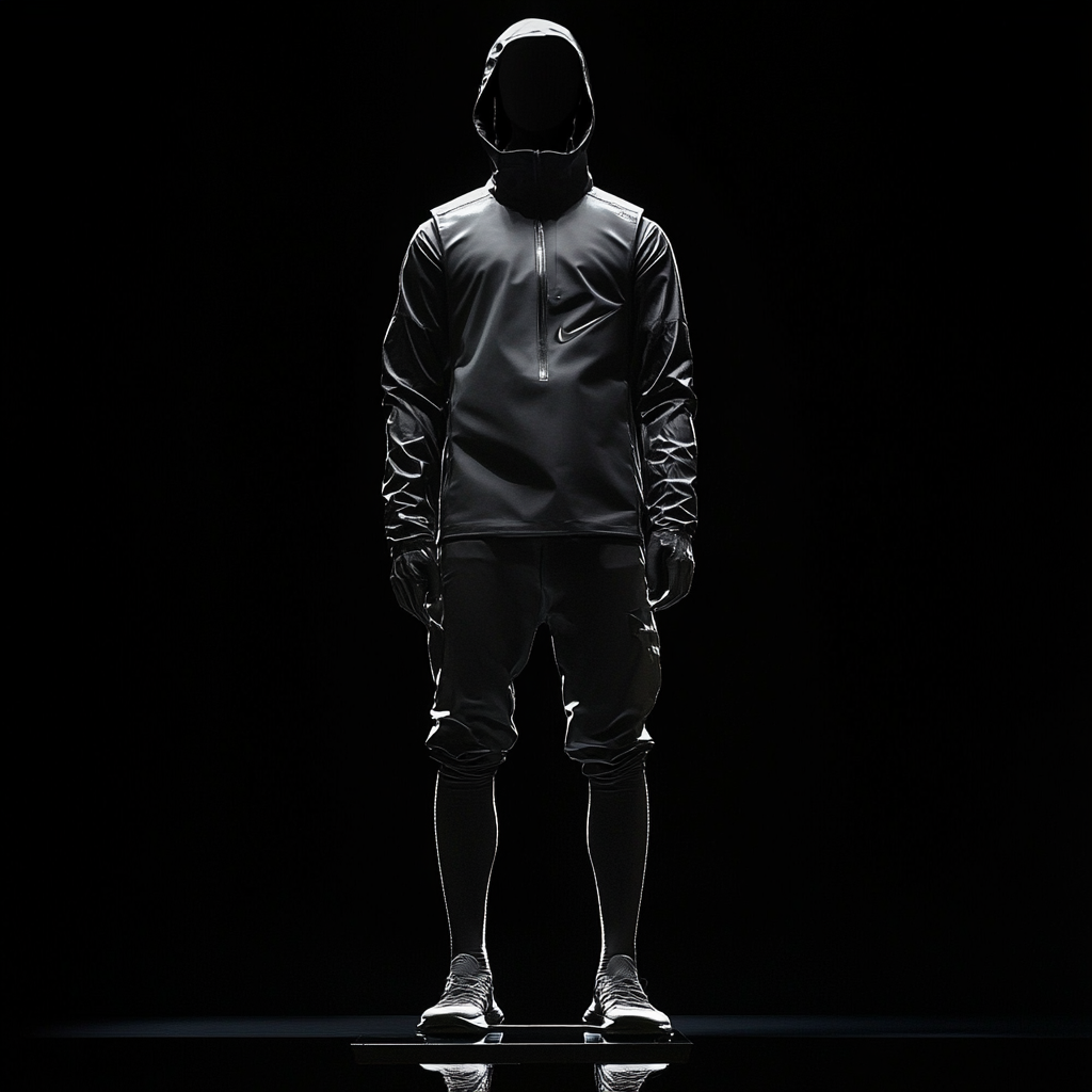 Athletic mannequin in Nike gear against black background.