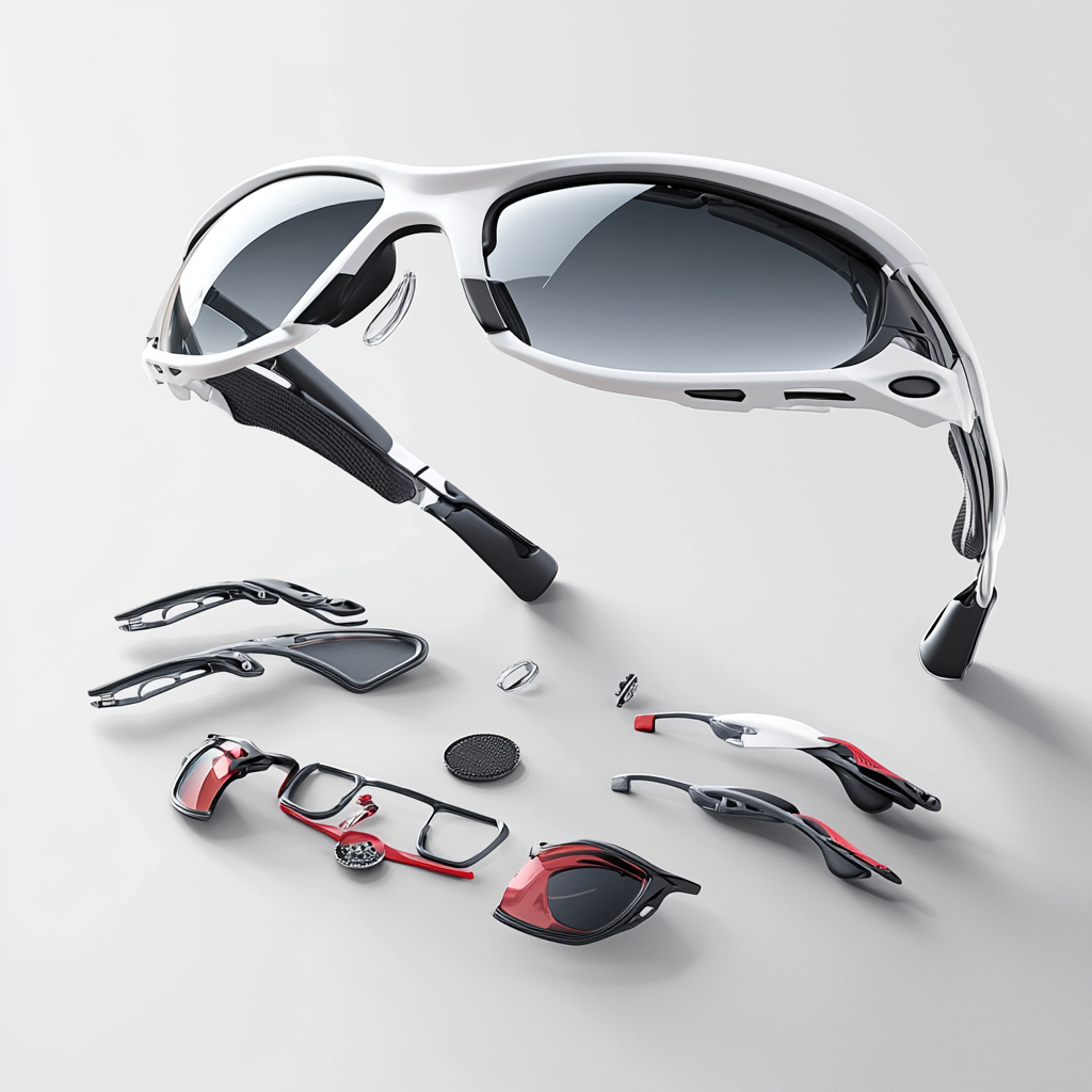 Athletic sunglasses shown in exploded view with 3 components.