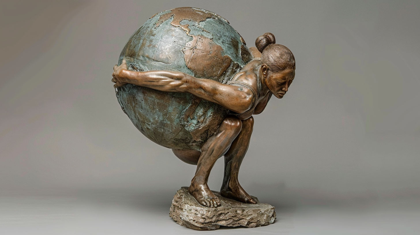 Athletic woman holding US globe, strong and determined.