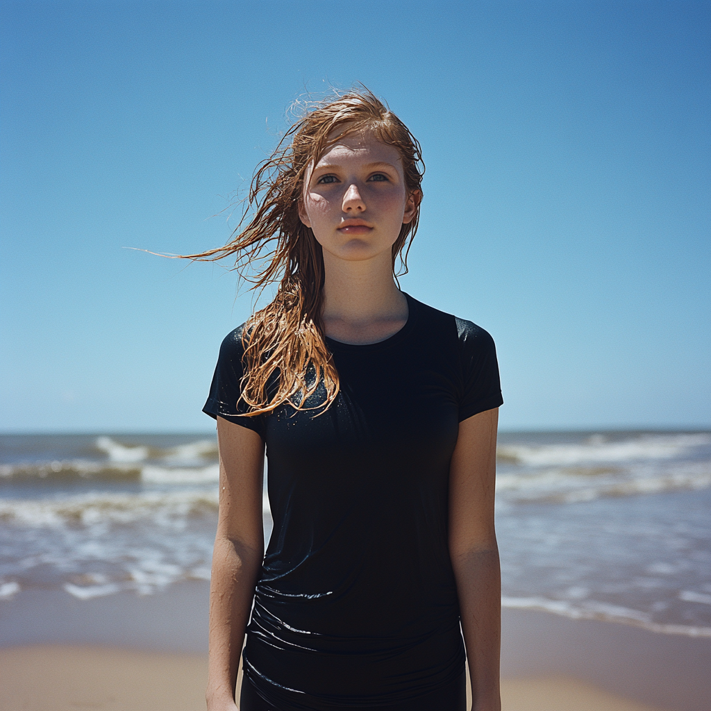 Athletic woman in black shirt on sunny beach