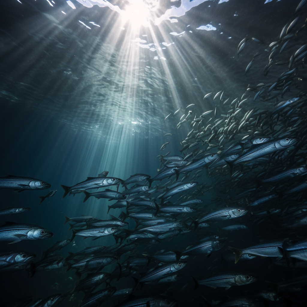 Atlantic salmon swim freely in deep blue ocean