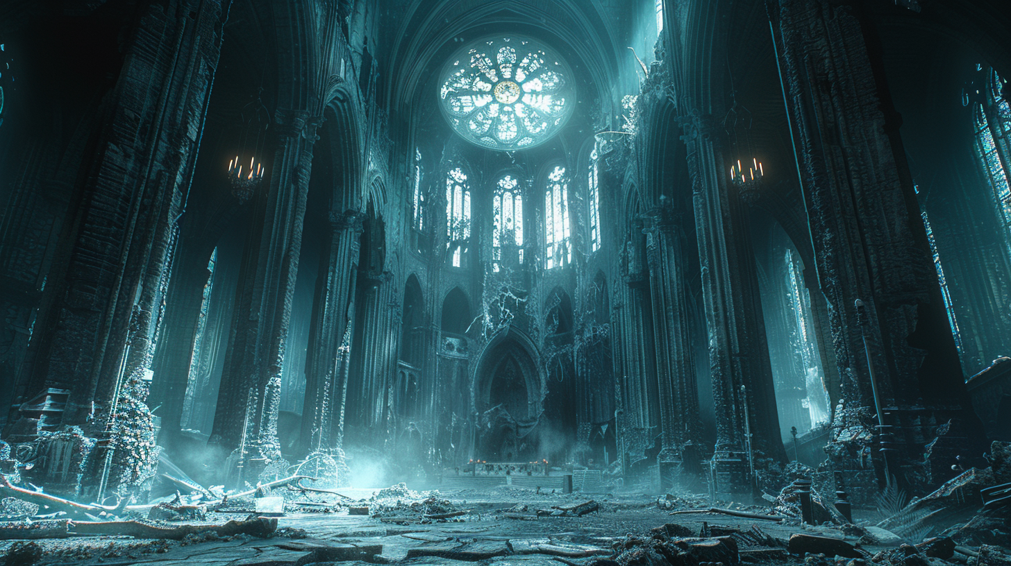 Atmospheric stone hall with broken stained glass windows.