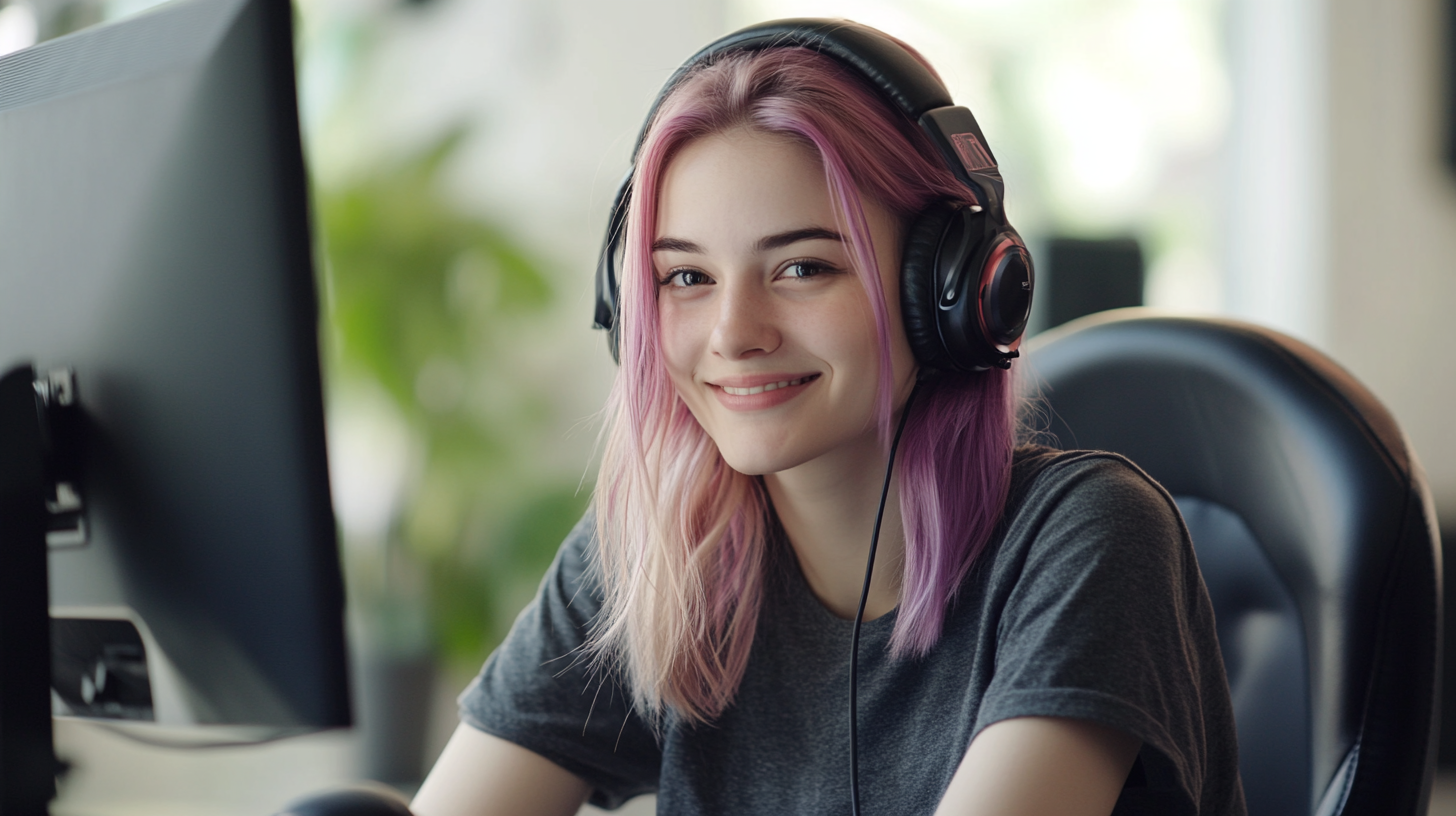 Attractive 23-year-old female sitting at computer desk smiling.