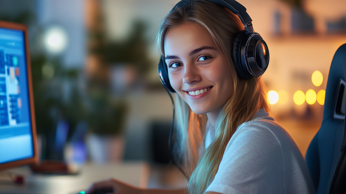 Attractive 23-year-old female smiling at computer monitor, blonde.