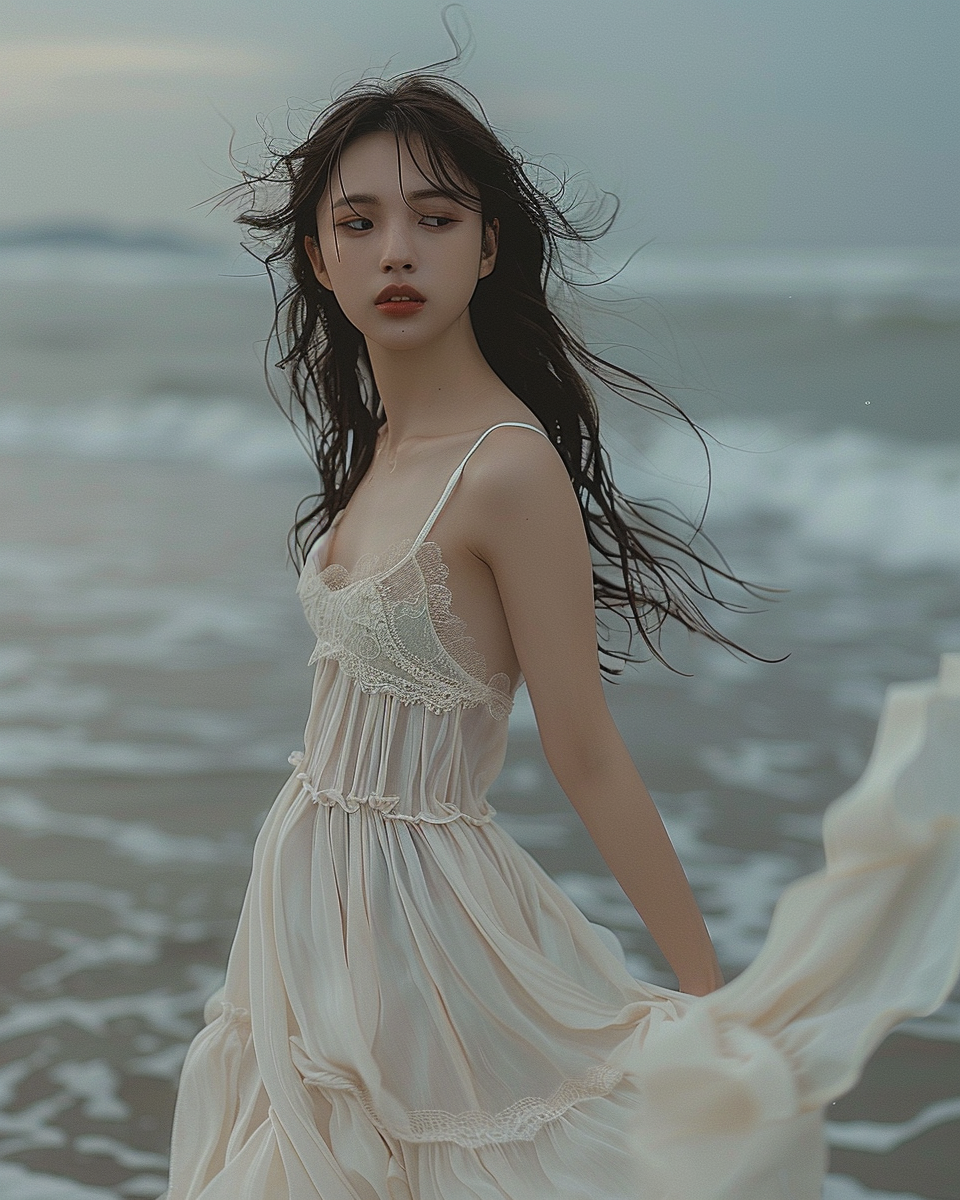 Attractive Asian girl in white dress at beach.