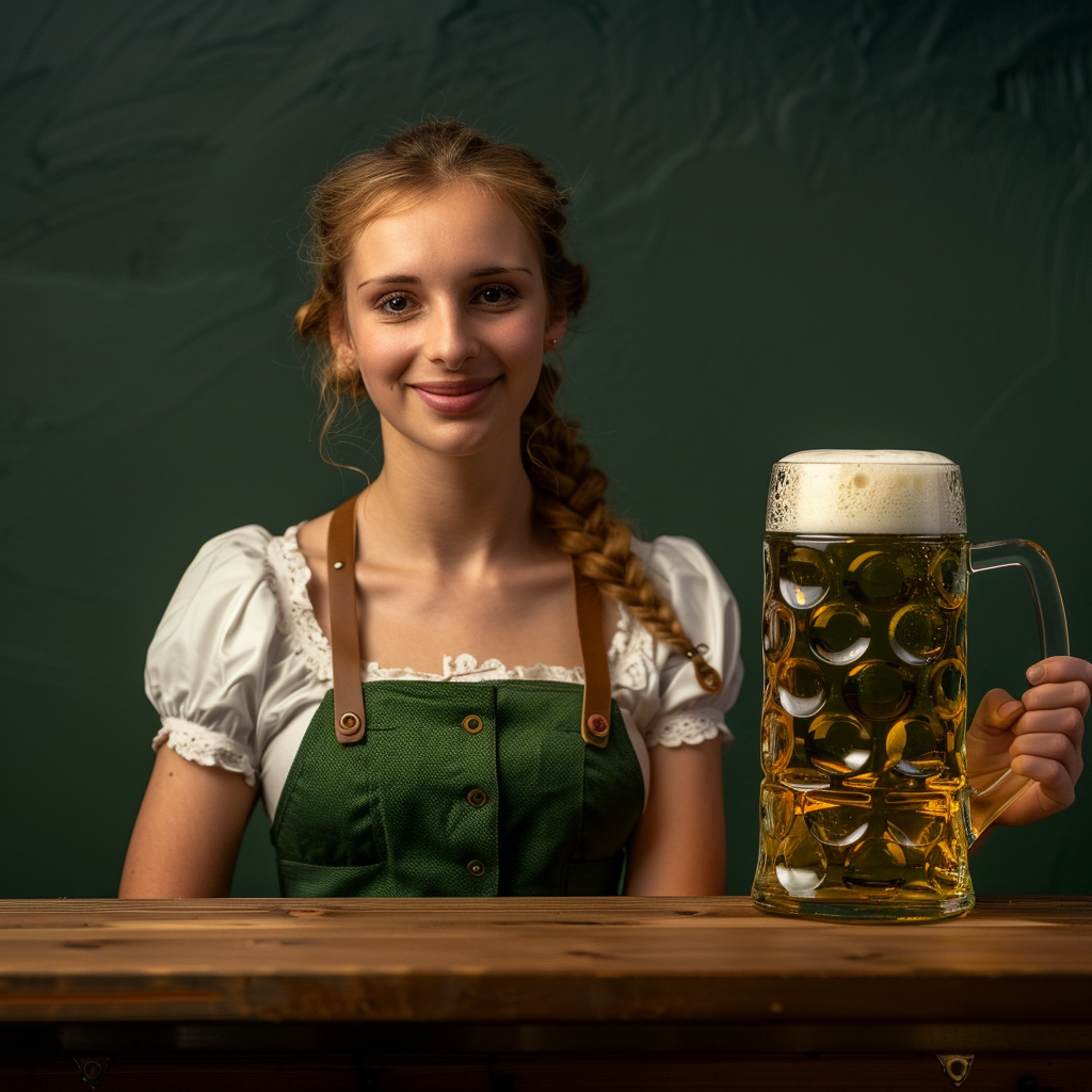 Attractive Oktoberfest Beer Maid in Green Dirndl 