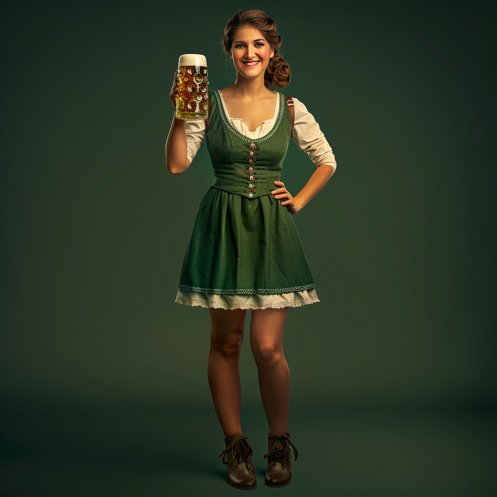 Attractive Oktoberfest Woman in Green Dirndl Holding Beer