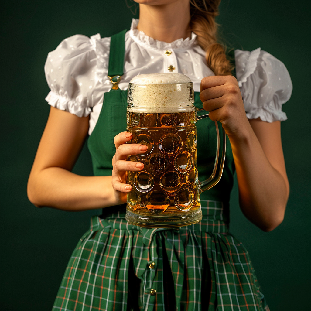 Attractive Oktoberfest beer maid in green dirndl with beer mug.