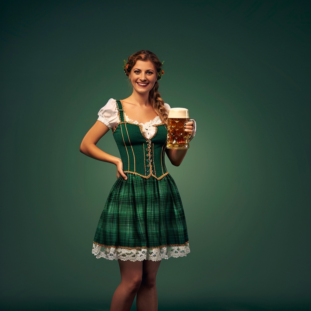 Attractive Woman in Green Dirndl Holding Beer Mug