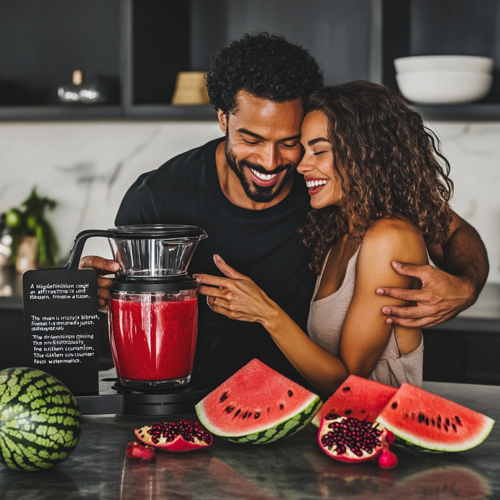 Attractive couple in modern kitchen making fresh juice.