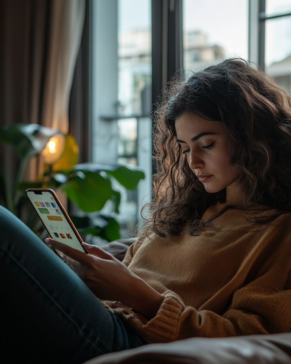 Attractive woman in 30s downloading app on iPhone.