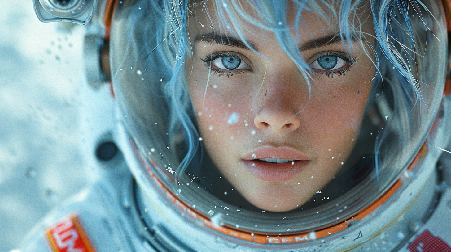 Attractive woman in military space suit with blue hair.