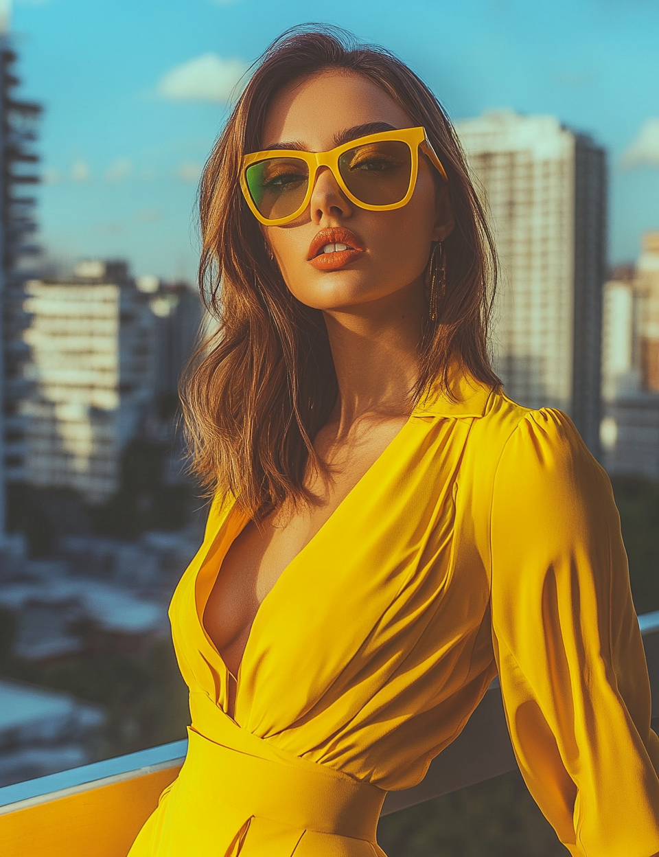 Attractive woman in yellow outfit on city balcony.