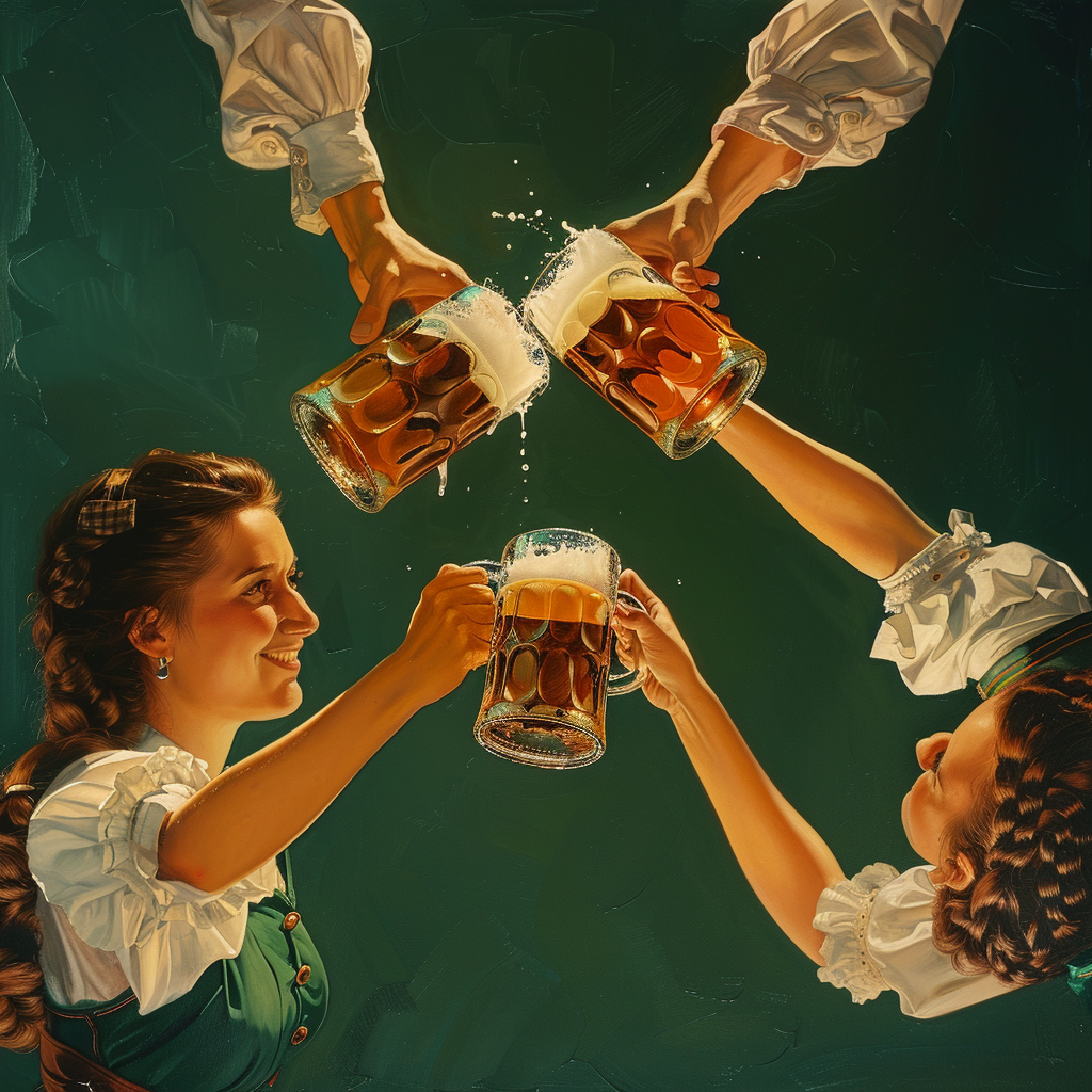 Attractive women in green dirndls with Oktoberfest beer mugs 