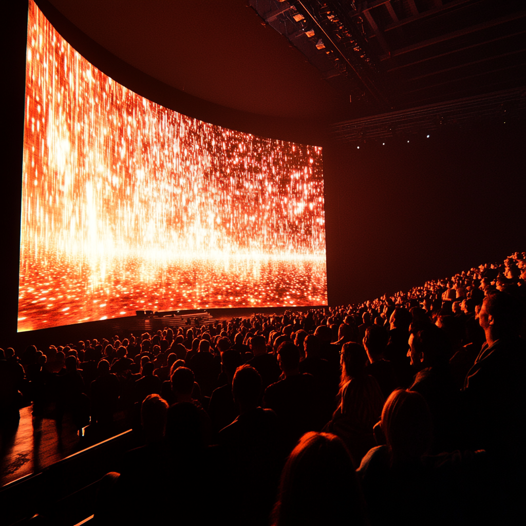 Audience captivated by stunning video during live show.