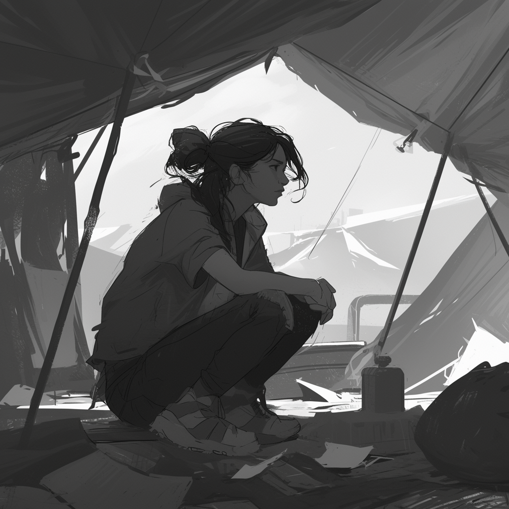 Aunty Aileen works in shelter, sketch style background.