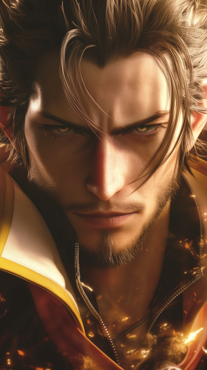 Auron with striking eyes in hyper realistic portrait style.