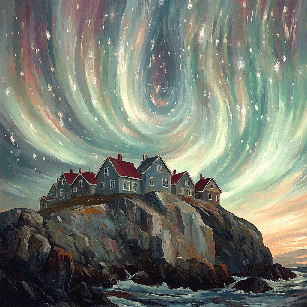 Aurora borealis descends on hilltop homes in surreal scene.