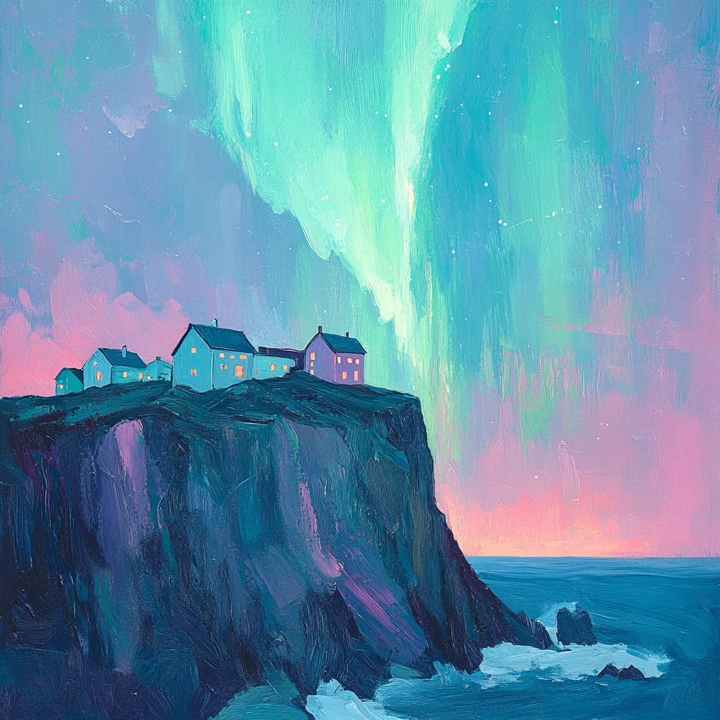 Aurora borealis over mountain houses, otherworldly aquamarine hues.