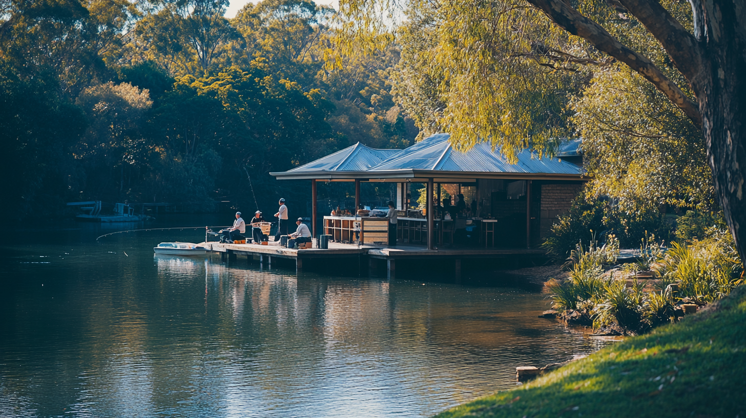 Australian bush river, fishermen, Japanese sushi master, fishing rods.