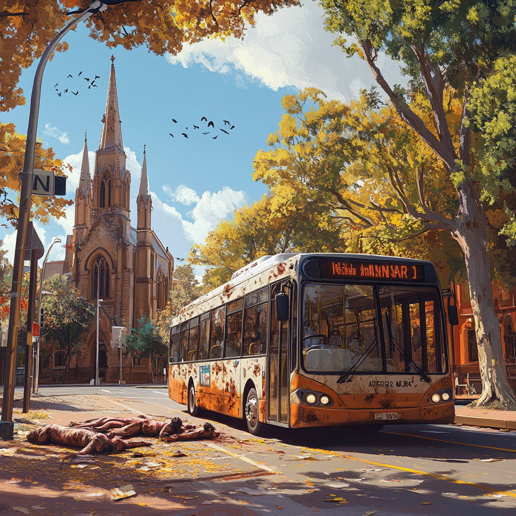 Australian city bus on sunny day with church