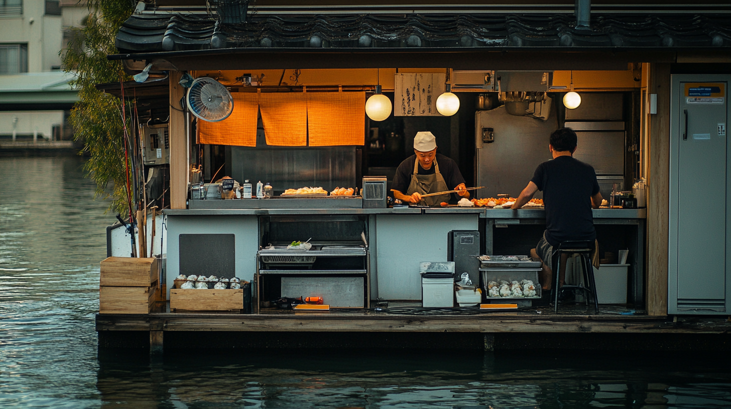 Australian fishermen fishing on river pier, Japanese sushi master.