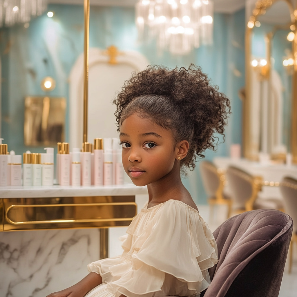 Australian girl in upscale salon with elegant decor.