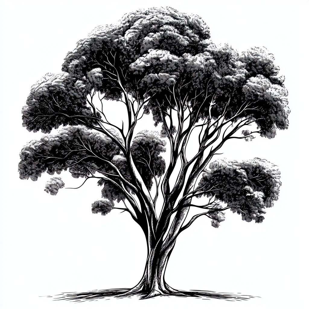 Australian gum tree with thick trunk, symmetrical, linocut style.