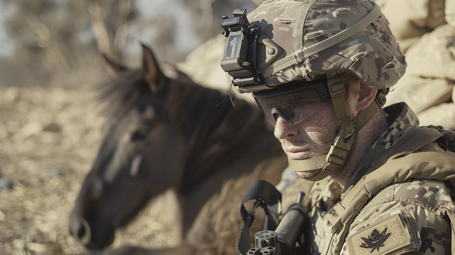 Australian soldier in Aus Cams with black pony mascot.